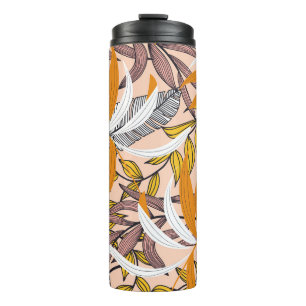 Farbenfrohe tropische Blätter, beige Hintergrundmu Thermosbecher