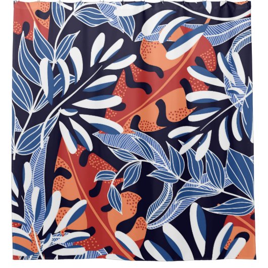 Farbenfrohe tropische Blätter Blauer Hintergrund Duschvorhang (Vorderseite)