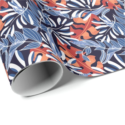 Farbenfrohe tropische Blätter Blauer Hintergrund Geschenkpapier (Rolleneckpunkt)