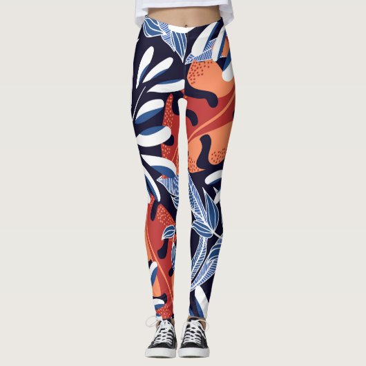Farbenfrohe tropische Blätter Blauer Hintergrund Leggings (Vorderseite)