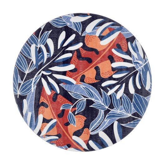 Farbenfrohe tropische Blätter Blauer Hintergrund Schneidebrett (Vorderseite)