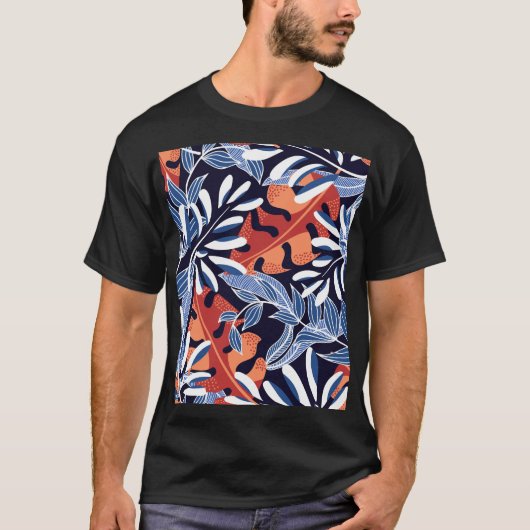 Farbenfrohe tropische Blätter Blauer Hintergrund T-Shirt (Vorderseite)