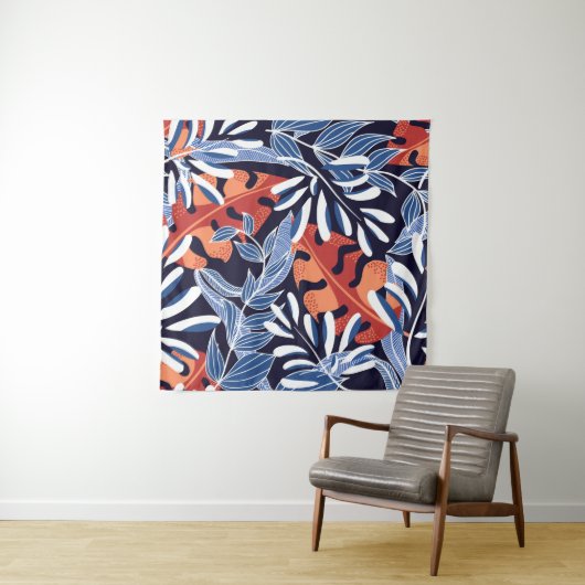 Farbenfrohe tropische Blätter Blauer Hintergrund Wandteppich (Beispiel (Horizontal))