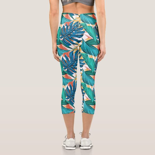 Farbenfrohe tropische Blätter, exotisches Design, Capri Leggings (Rückseite)