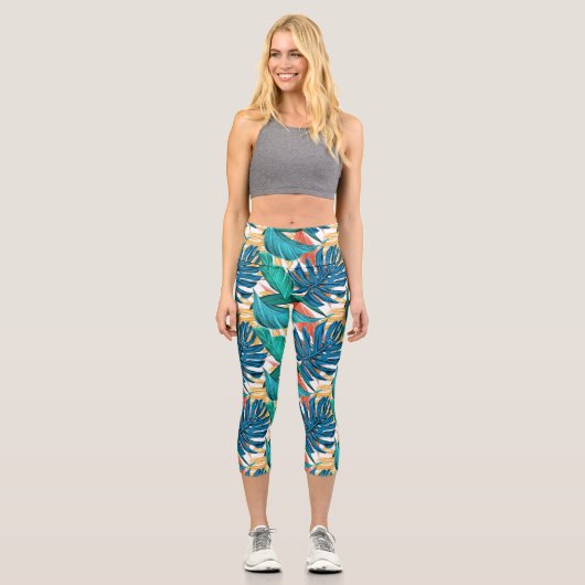 Farbenfrohe tropische Blätter, exotisches Design, Capri Leggings (Vorderseite)