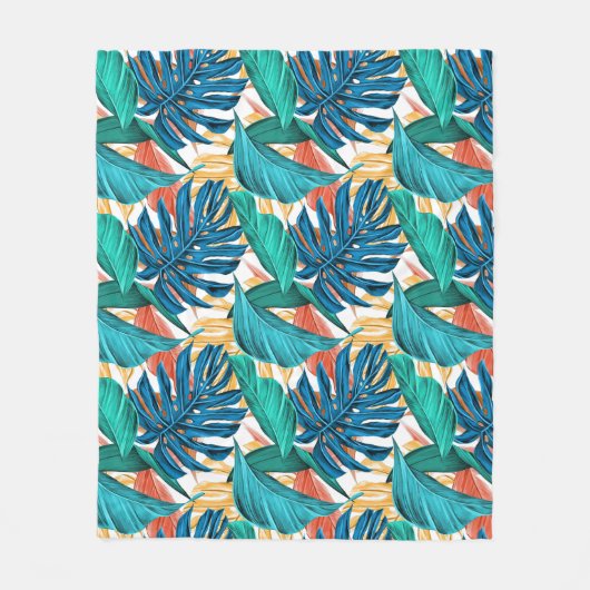 Farbenfrohe tropische Blätter, exotisches Design, Fleecedecke (Vorderseite)