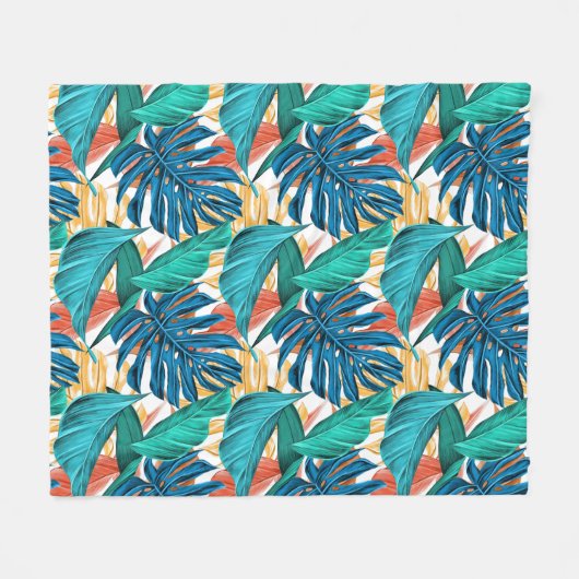 Farbenfrohe tropische Blätter, exotisches Design, Fleecedecke (Vorderseite (Horizontal))