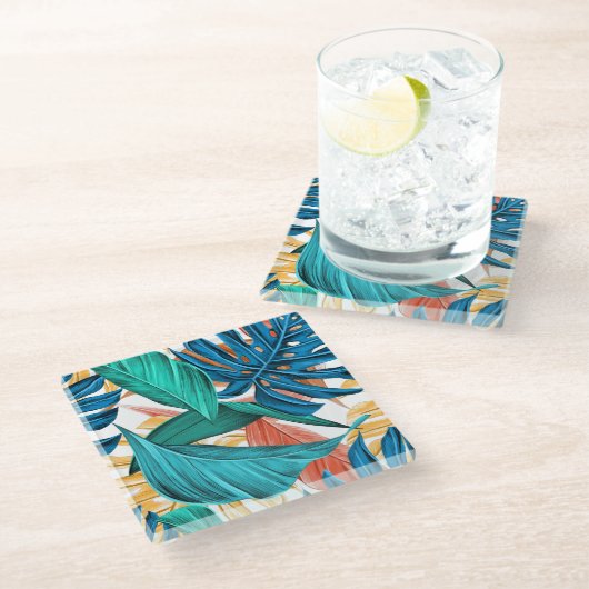 Farbenfrohe tropische Blätter, exotisches Design, Glasuntersetzer (Schrägansicht)