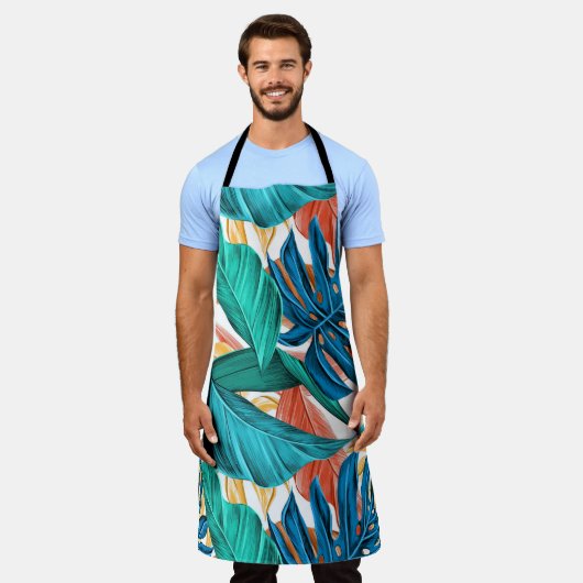 Farbenfrohe tropische Blätter, exotisches Design, Schürze (Getragen)