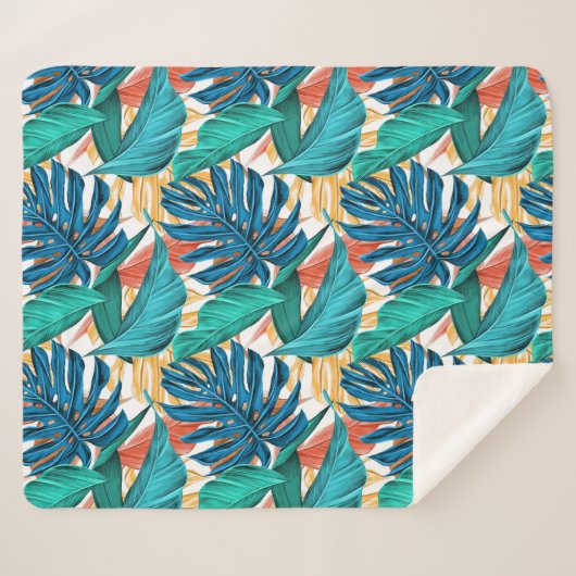 Farbenfrohe tropische Blätter, exotisches Design, Sherpadecke (Vorderseite (Horizontal))