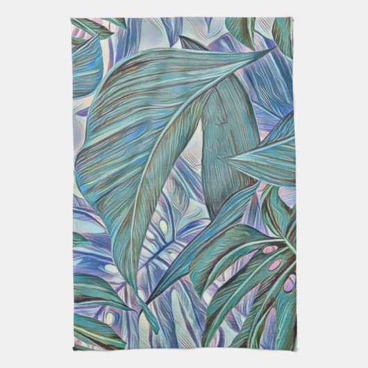 Farbenfrohe tropische Blätter in Grün Geschirrtuch (Vertikal)