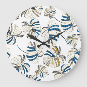 Farbenfrohe tropische Blätter, modernes Muster. Große Wanduhr