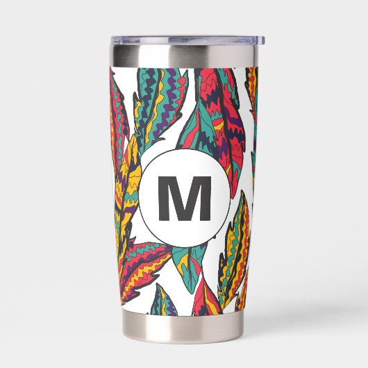 Farbenfrohe tropische Blätter Muster Monogramm Thermobecher (Links)