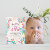 Farbenfrohe tropische Blätter Papagei Foto 1. Gebu Einladung (Stehend Vorderseite)