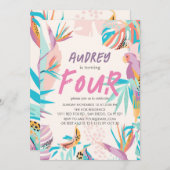 Farbenfrohe tropische Blätter Papagei Girl Geburts Einladung (Vorne/Hinten)