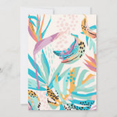 Farbenfrohe tropische Blätter Parrot Babydusche Einladung (Rückseite)