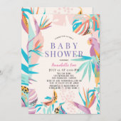 Farbenfrohe tropische Blätter Parrot Babydusche Einladung (Vorne/Hinten)
