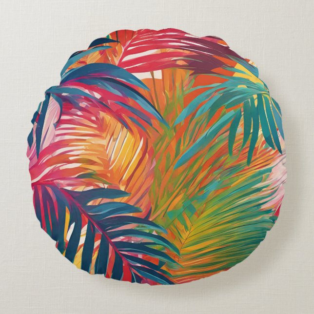 Farbenfrohe tropische Blätter Rundes Kissen (Vorderseite)
