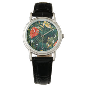 Farbenfrohe tropische Blätter und Hibiskus-Blume  Armbanduhr