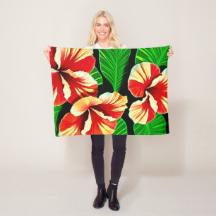 Farbenfrohe tropische Blätter und Hibiskus-Blume   Fleecedecke