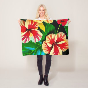 Farbenfrohe tropische Blätter und Hibiskus-Blume   Fleecedecke