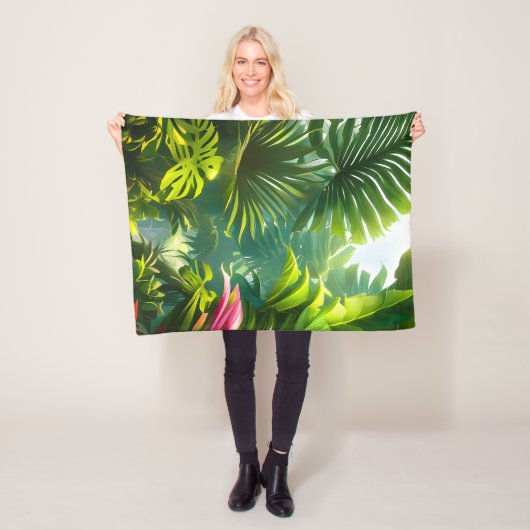 Farbenfrohe tropische Blätter und Hibiskus-Blume | Fleecedecke (Beispiel)