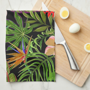 Farbenfrohe tropische Blätter und Hibiskus-Blume   Geschirrtuch