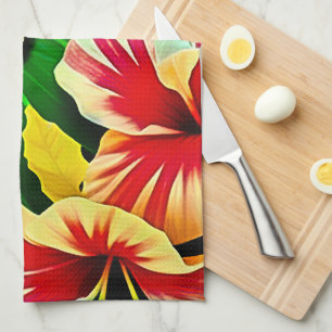 Farbenfrohe tropische Blätter und Hibiskus-Blume Geschirrtuch