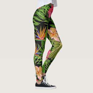 Farbenfrohe tropische Blätter und Hibiskus-Blume   Leggings
