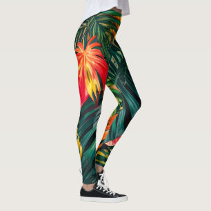 Farbenfrohe tropische Blätter und Hibiskus-Blume Leggings
