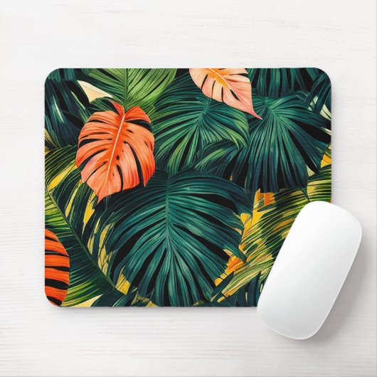 Farbenfrohe tropische Blätter und Hibiskus-Blume | Mousepad (Mit Mouse)