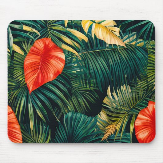 Farbenfrohe tropische Blätter und Hibiskus-Blume | Mousepad (Vorne)