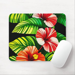 Farbenfrohe tropische Blätter und Hibiskus-Blume Mousepad