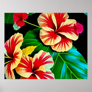 Farbenfrohe tropische Blätter und Hibiskus-Blume Poster