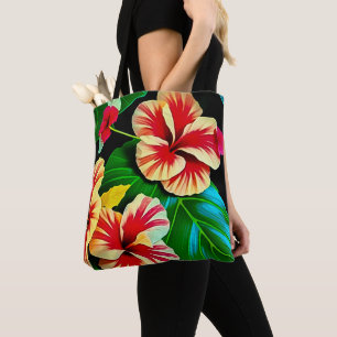 Farbenfrohe tropische Blätter und Hibiskus-Blume   Tasche