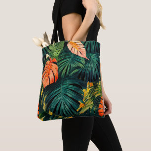 Farbenfrohe tropische Blätter und Hibiskus-Blume   Tasche