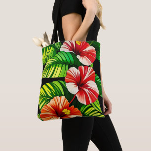 Farbenfrohe tropische Blätter und Hibiskus-Blume   Tasche