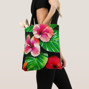 Farbenfrohe tropische Blätter und Hibiskus-Blume   Tasche