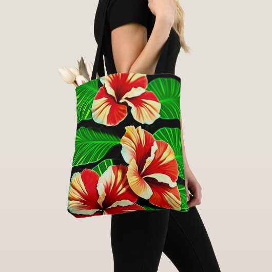 Farbenfrohe tropische Blätter und Hibiskus-Blume | Tasche (Von Nahem)