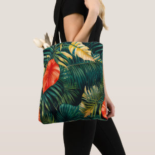 Farbenfrohe tropische Blätter und Hibiskus-Blume   Tasche