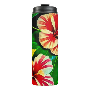 Farbenfrohe tropische Blätter und Hibiskus-Blume Thermosbecher