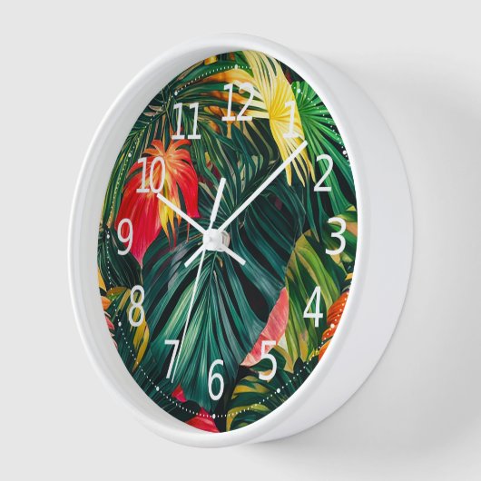 Farbenfrohe tropische Blätter und Hibiskus-Blume | Uhr (Winkel)
