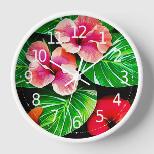 Farbenfrohe tropische Blätter und Hibiskus-Blume Uhr