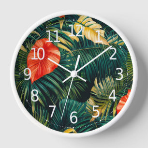 Farbenfrohe tropische Blätter und Hibiskus-Blume Uhr