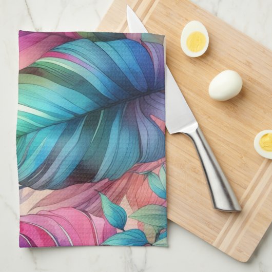 Farbenfrohe tropische Blätter Wasserfarben Design Geschirrtuch (Viertel Falte)