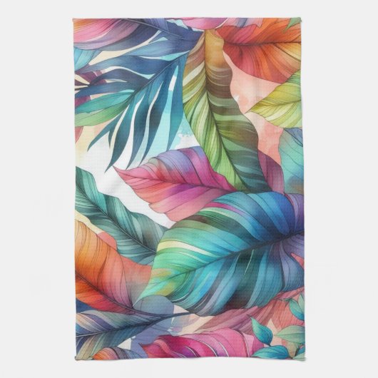 Farbenfrohe tropische Blätter Wasserfarben Design Geschirrtuch (Vertikal)