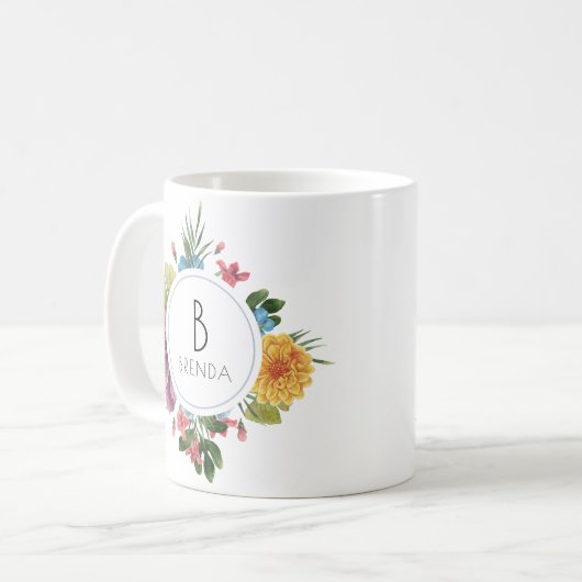 Farbenfrohe tropische Blume Bouquet Monogram Kaffeetasse (Vorderseite Links)