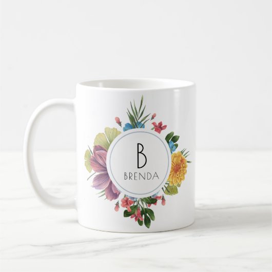 Farbenfrohe tropische Blume Bouquet Monogram Kaffeetasse (Links)