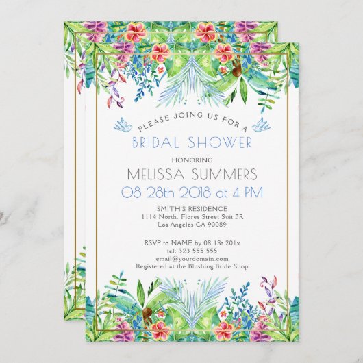 Farbenfrohe tropische Blume Gold Akzent Einladung (Vorne/Hinten)