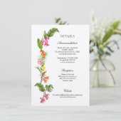 Farbenfrohe tropische Blume Hochzeitsdetails Begleitkarte (Stehend Vorderseite)